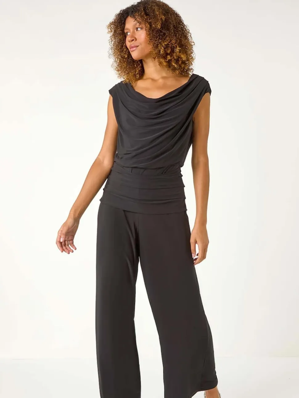 Roman Cowl Neck Ruched Stretch Jumpsuit