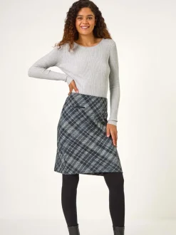 Roman geruite print kokerrok met elastische tailleband en zak