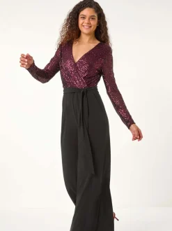 Roman Pailletten wikkel V-hals stretchy Jumpsuit