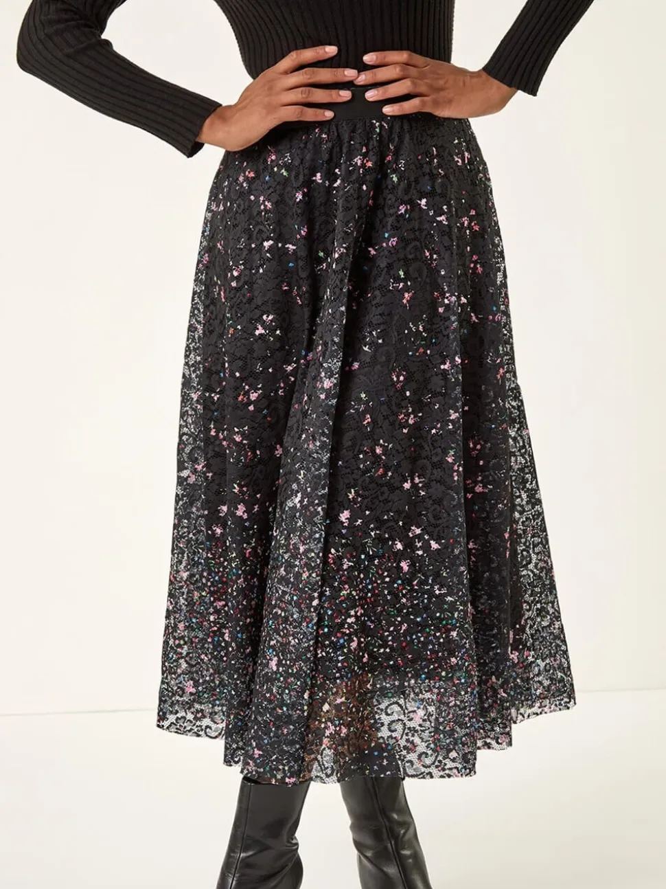 Roman Printed Lace Overlay Skirt