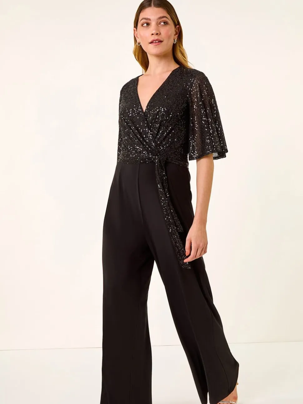 Roman Sequin Flutter Sleeve Stretch Jumpsuit