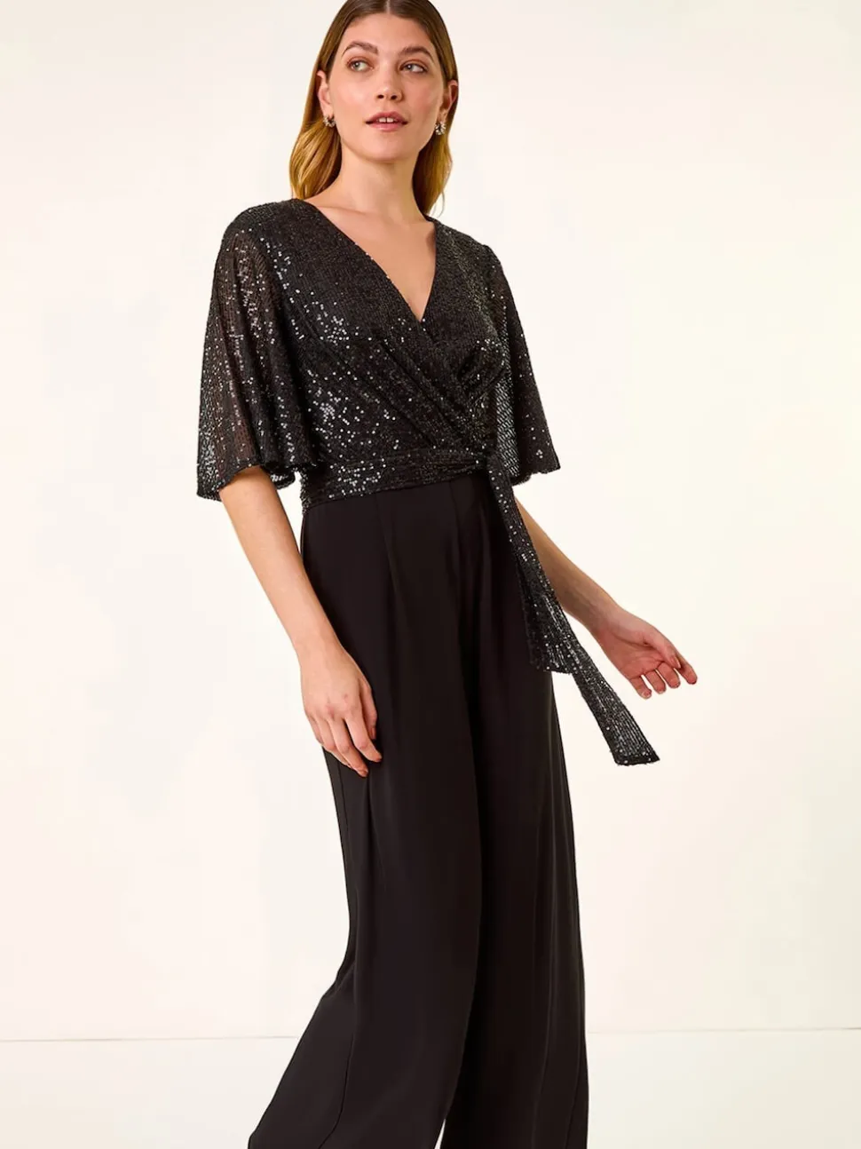 Roman Sequin Flutter Sleeve Stretch Jumpsuit