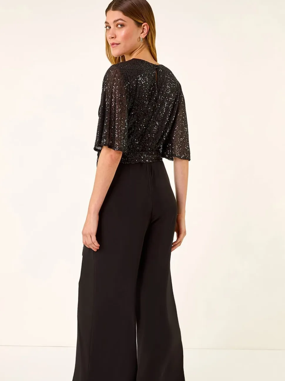 Roman Sequin Flutter Sleeve Stretch Jumpsuit