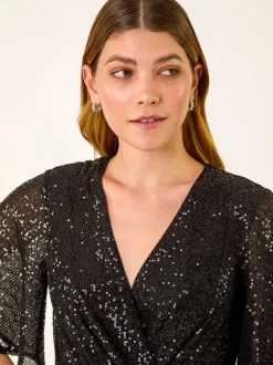 Roman Sequin Flutter Sleeve Stretch Jumpsuit
