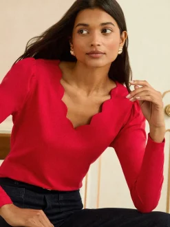 Rood - Love & Roses - Jersey top met lange mouwen en geschulpte V-hals