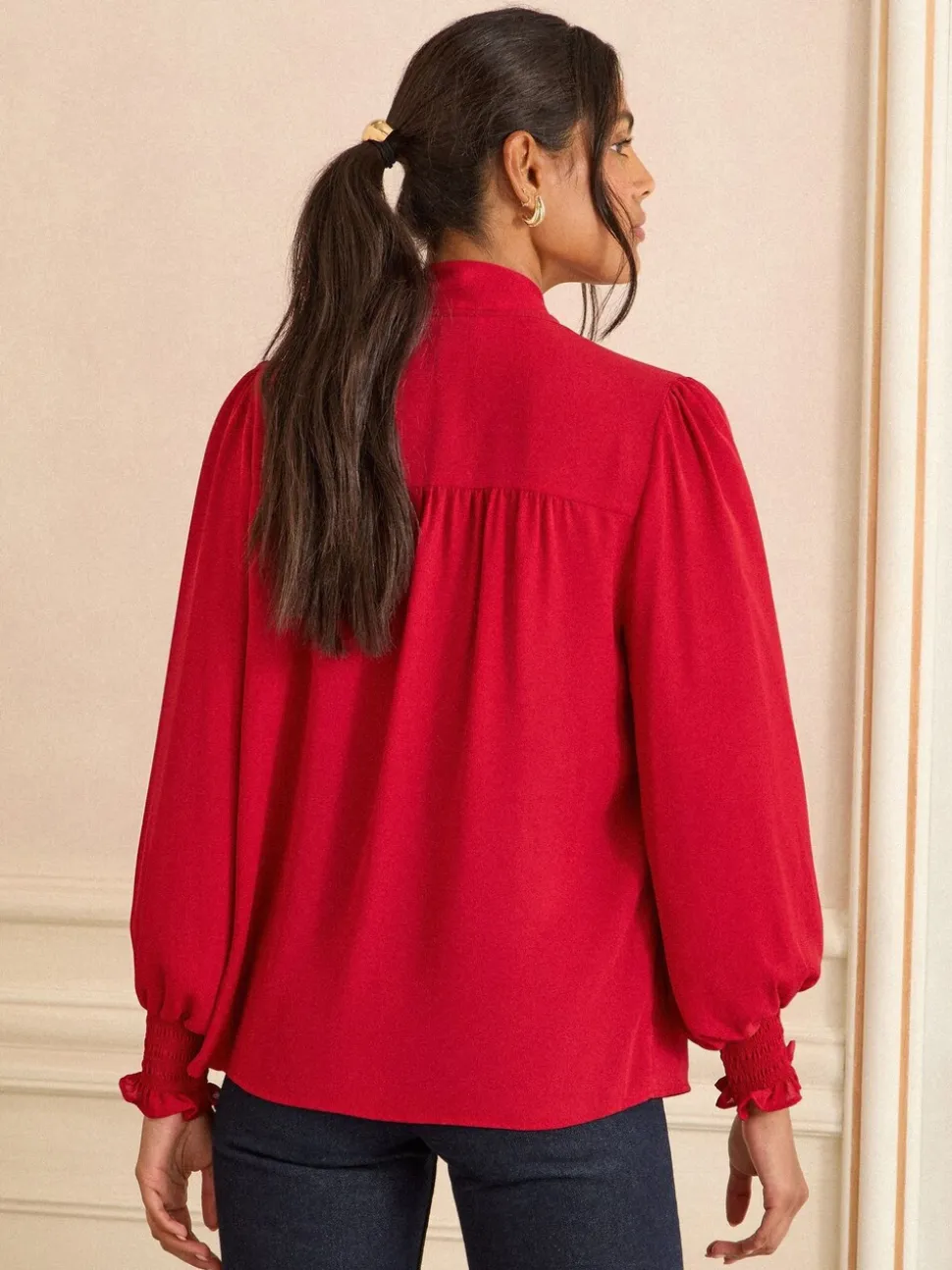 Rood - Love & Roses blouse met lange mouwen en striksluiting