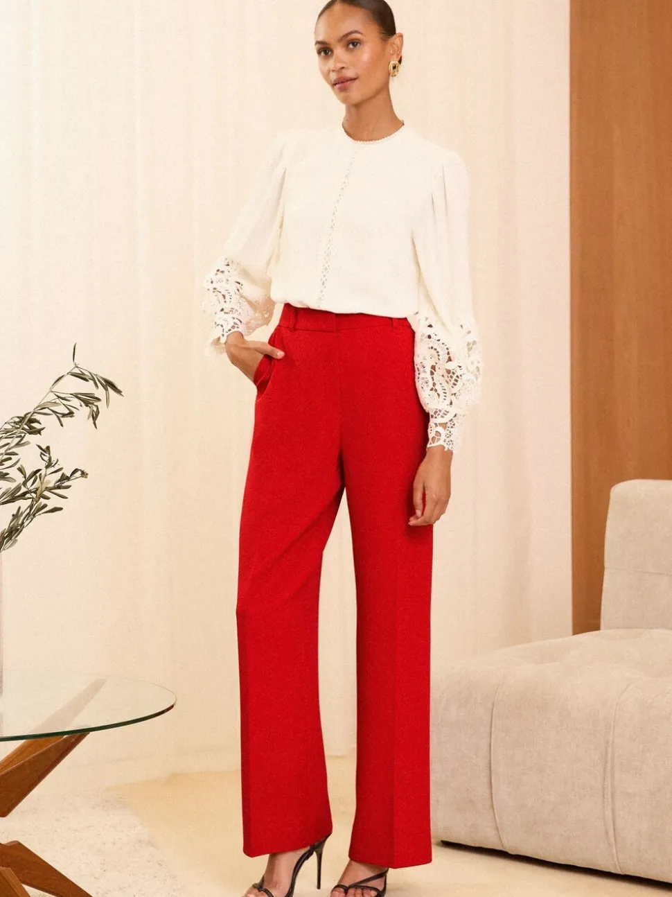 Rood - Love & Roses broek met wijde pijpen