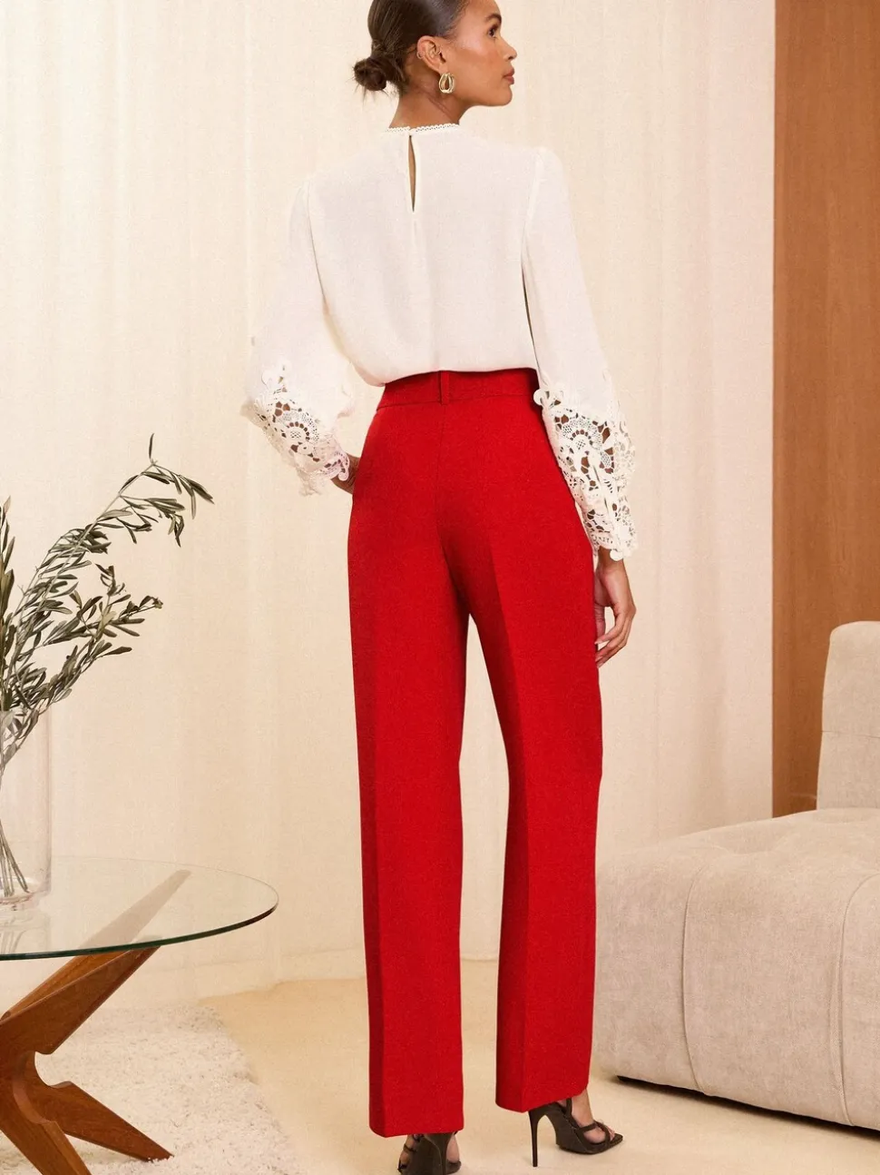 Rood - Love & Roses broek met wijde pijpen