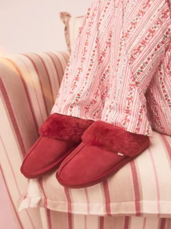 Rood - Met imitatiebont gevoerde suède pantoffelmuiltjes