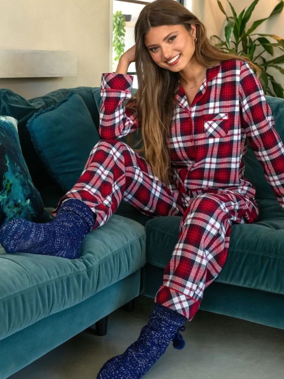 Rood - Pour Moi geschenkset van behaaglijke geborsteld katoenen pyjama met ruit