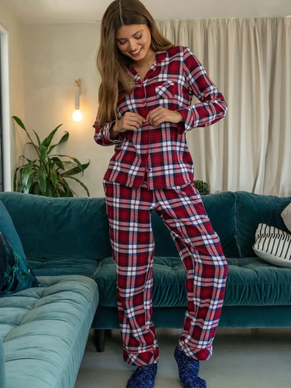 Rood - Pour Moi geschenkset van behaaglijke geborsteld katoenen pyjama met ruit