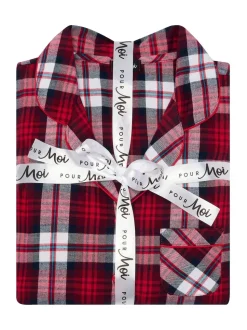 Rood - Pour Moi geschenkset van behaaglijke geborsteld katoenen pyjama met ruit