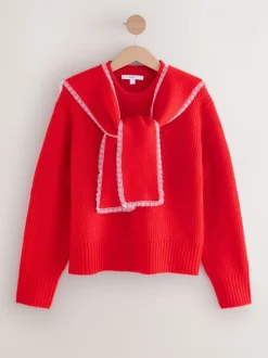 Rood - Scarf Layer Lace Trim Knitted Jumper