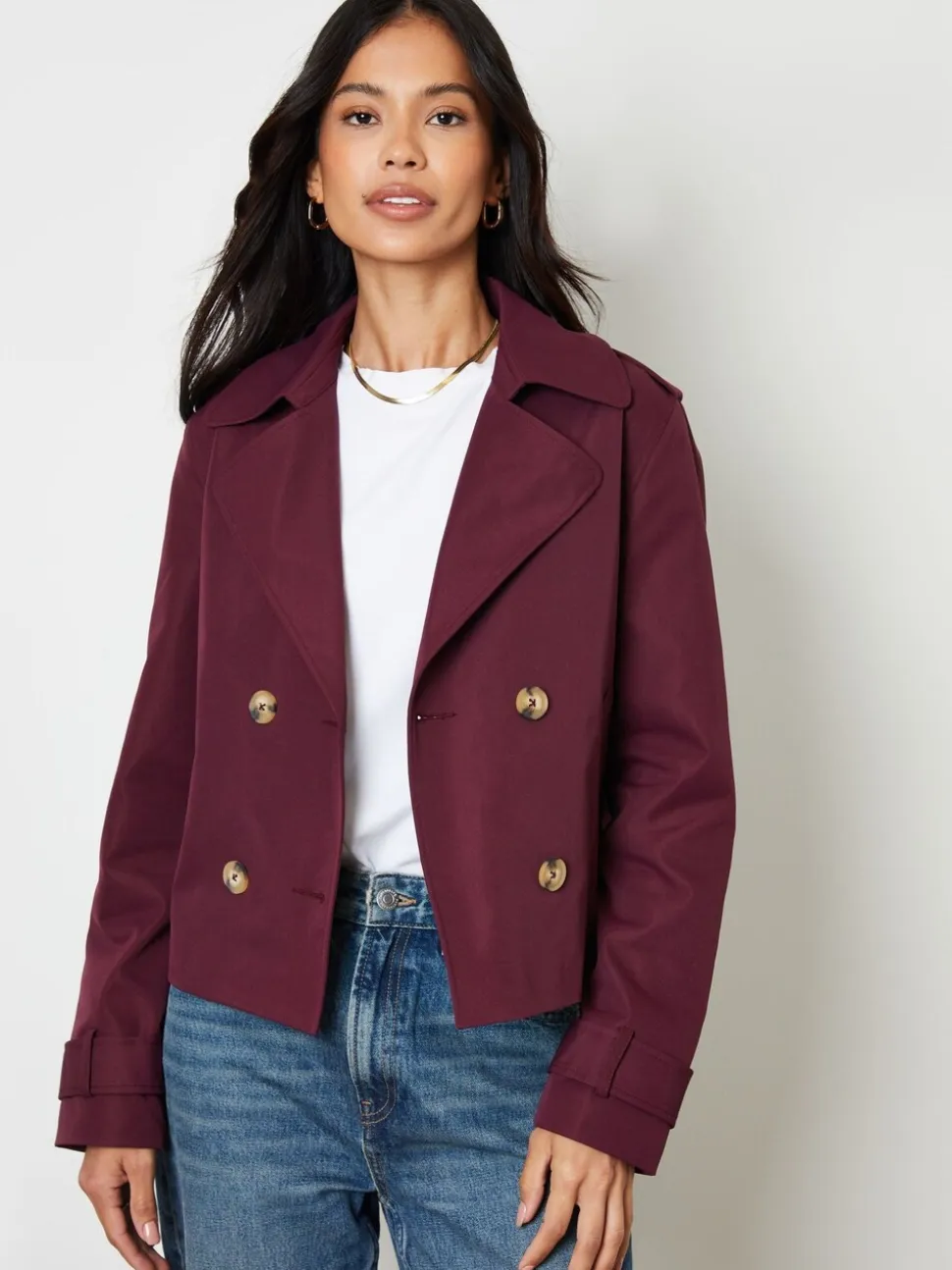 Rood - Threadbare cropped trenchcoat met dubbele rij knopen