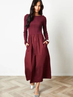 Rood - Threadbare 2-in-1 Jersey Poplin Mix jurk met schuine hals en lange mouwen