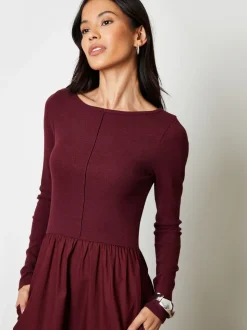 Rood - Threadbare 2-in-1 Jersey Poplin Mix jurk met schuine hals en lange mouwen