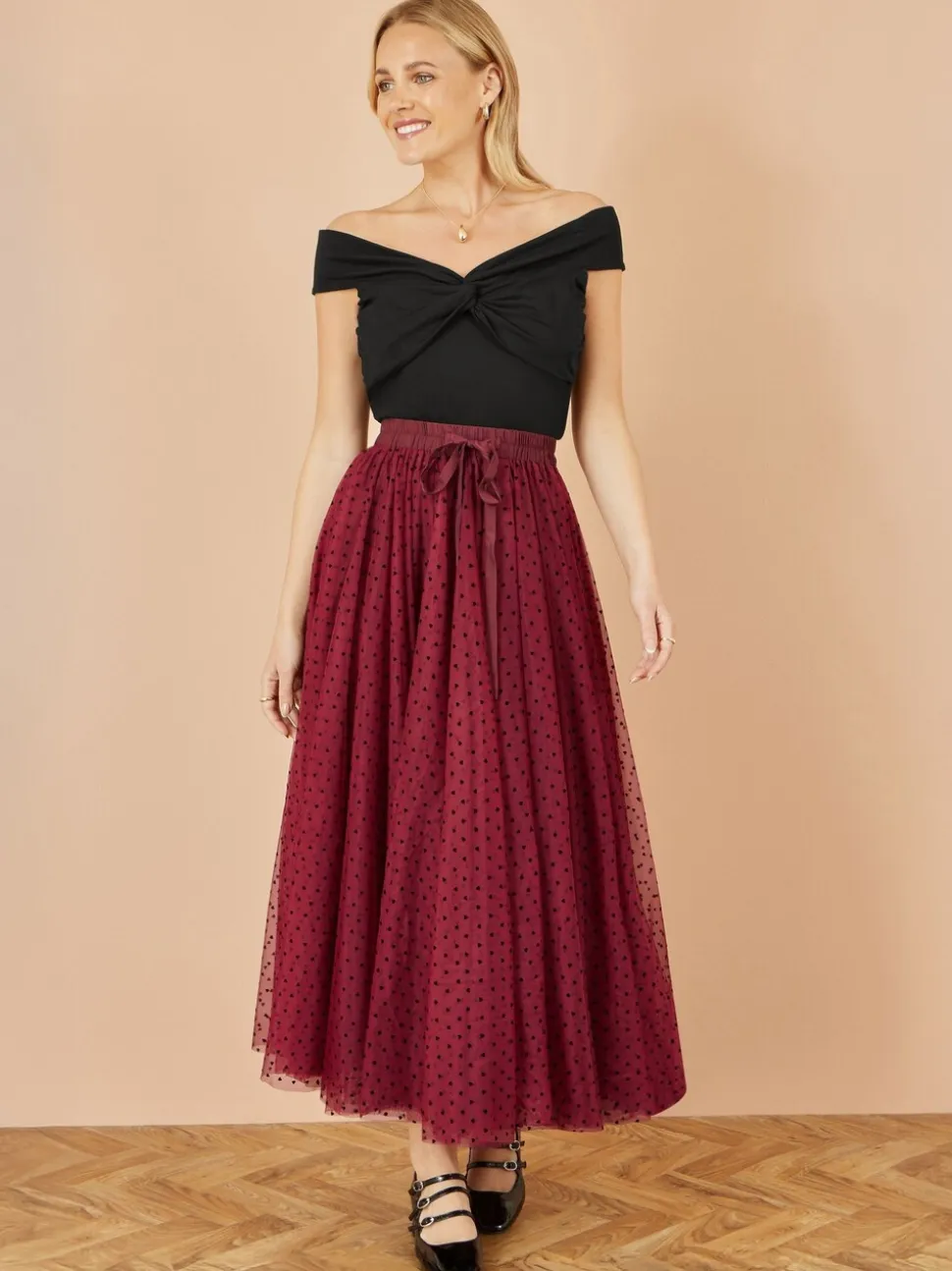 Rood - Yumi Mesh Heart Print Tulle Skirt