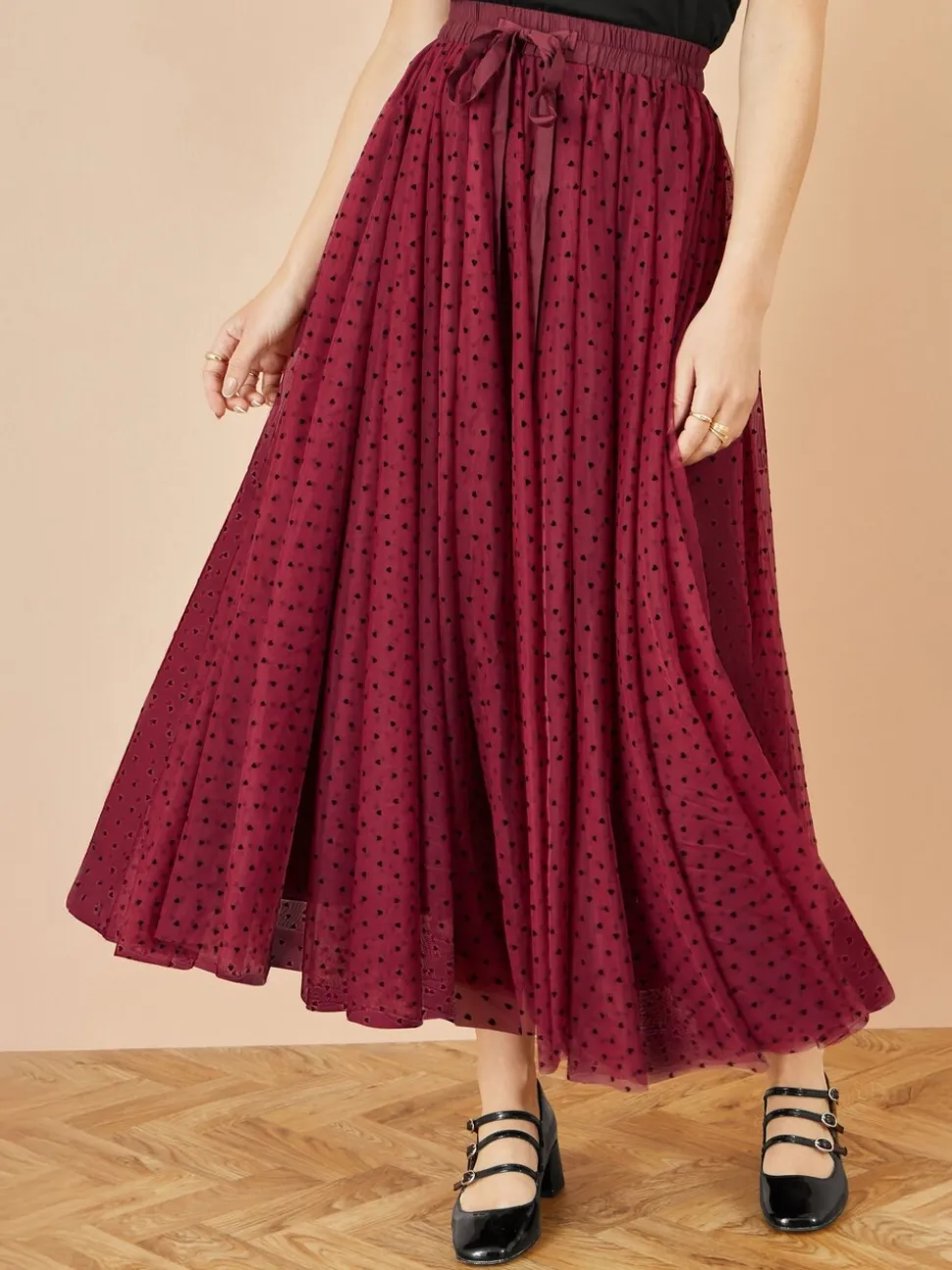 Rood - Yumi Mesh Heart Print Tulle Skirt