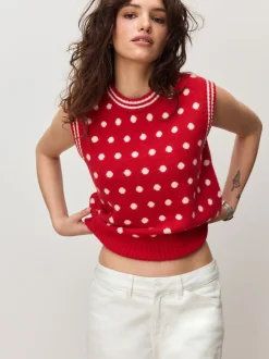 Rood met stippen - Mouwloze gebreide tanktop met wol