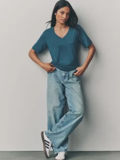 Rood/blauwgroen - Modal slouch T-shirt met korte mouwen verpakking van 3
