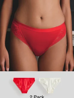 Rood/crèmekleurig - Verpakking van 2 slipjes van microvezel en kant
