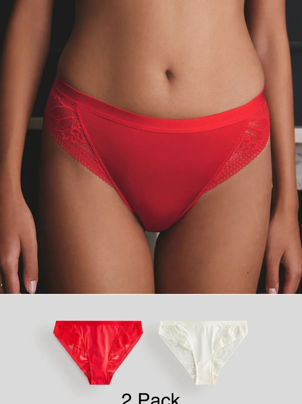 Rood/crèmekleurig - Verpakking van 2 slipjes van microvezel en kant