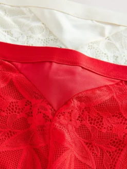 Rood/crèmekleurig - Verpakking van 2 slipjes van microvezel en kant
