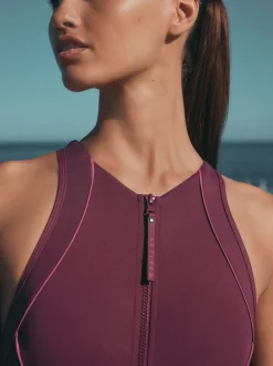 Roodpaars 'Wine' - Active High Neck Tummy Control Swimsuit