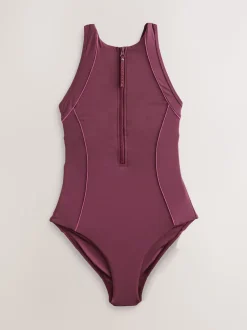 Roodpaars 'Wine' - Active High Neck Tummy Control Swimsuit