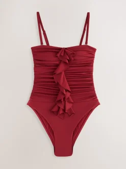 Roodpaars 'Wine' - Tummy Control Frill Bandeau Swimsuit