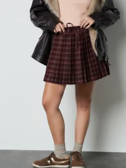 Rood/roze geruit - Pleated Pull On Mini Skirt