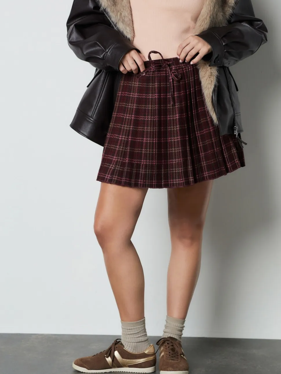 Rood/roze geruit - Pleated Pull On Mini Skirt