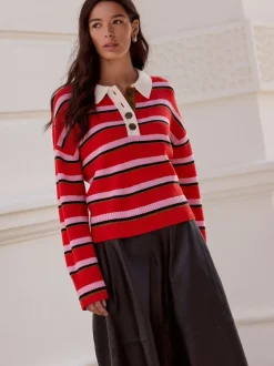 Rood/roze gestreept - 100% Wool N.Premium Polo Jumper
