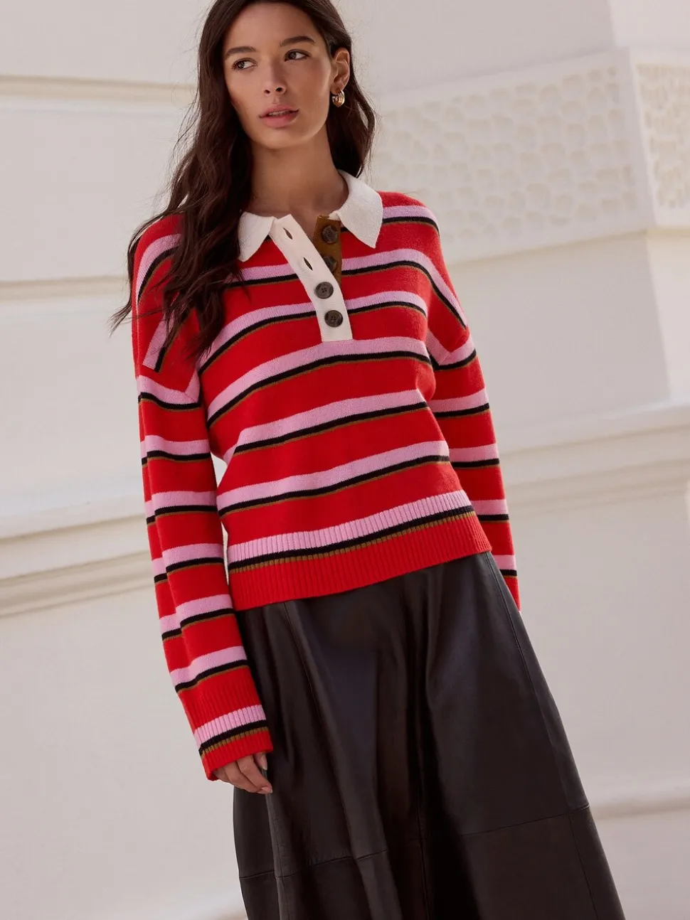 Rood/roze gestreept - 100% Wool N.Premium Polo Jumper