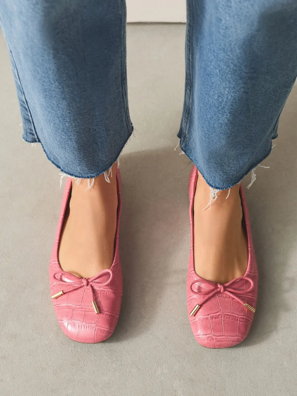 Rose Pink Croc - Forever Comfort® Square Toe Bow Ballet Flats
