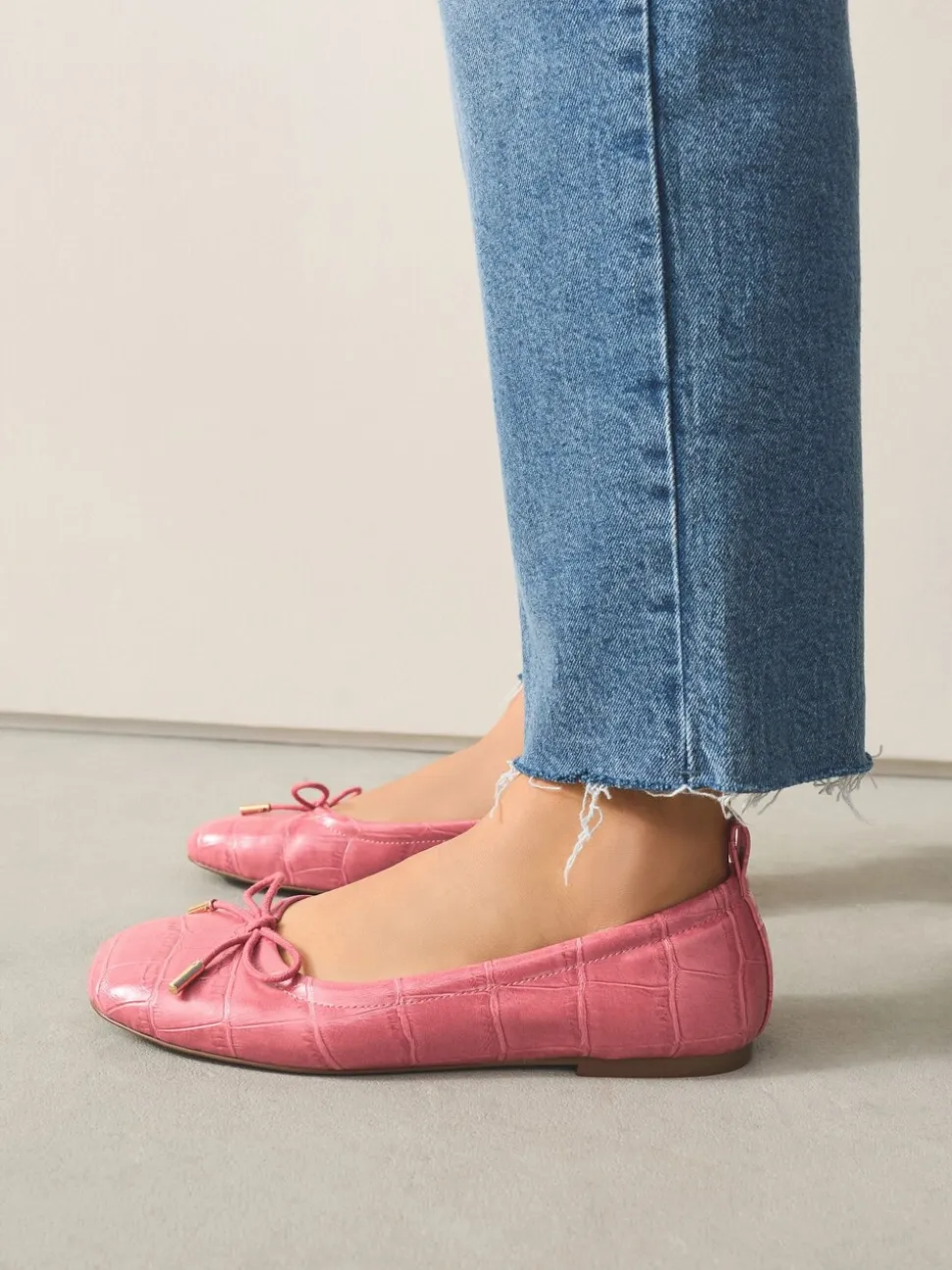 Rose Pink Croc - Forever Comfort® Square Toe Bow Ballet Flats
