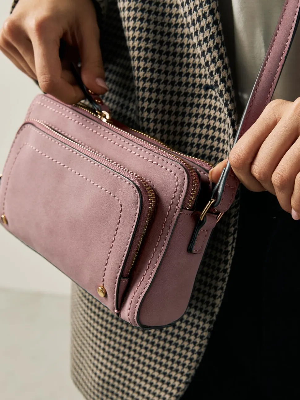 Roze - Double Zip Cross-Body Faux Suede Bag