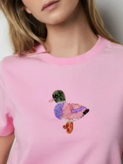 Roze - Embellished Duck Short Sleeve Crew Neck Top