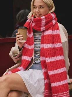 Roze - Knitted Wool Blend Striped Scarf