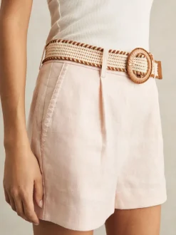 Roze - Reiss Beau linnen shorts met geplooide voorkant en ceintuur