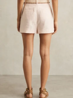 Roze - Reiss Beau linnen shorts met geplooide voorkant en ceintuur