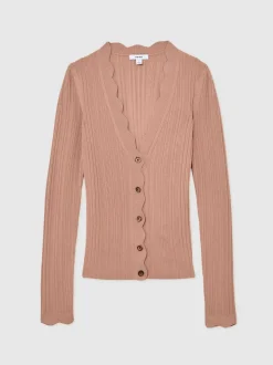 Roze - Reiss Vinny Rib-Knit Scallop-Trim Cardigan