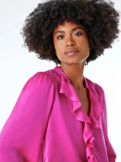 Roze - Roman satijnen blouse met ruches aan de hals