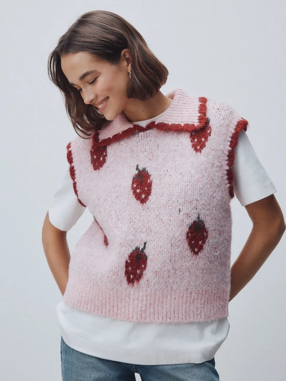 Roze aardbei - Sleeveless Knitted Tank Top With Wool