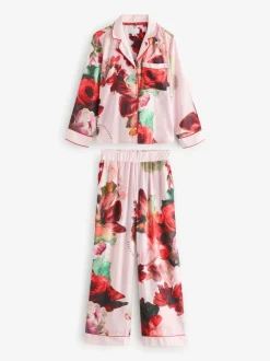 Roze rood gebloemd - B by Ted Baker - Satijnen pyjama met knopen