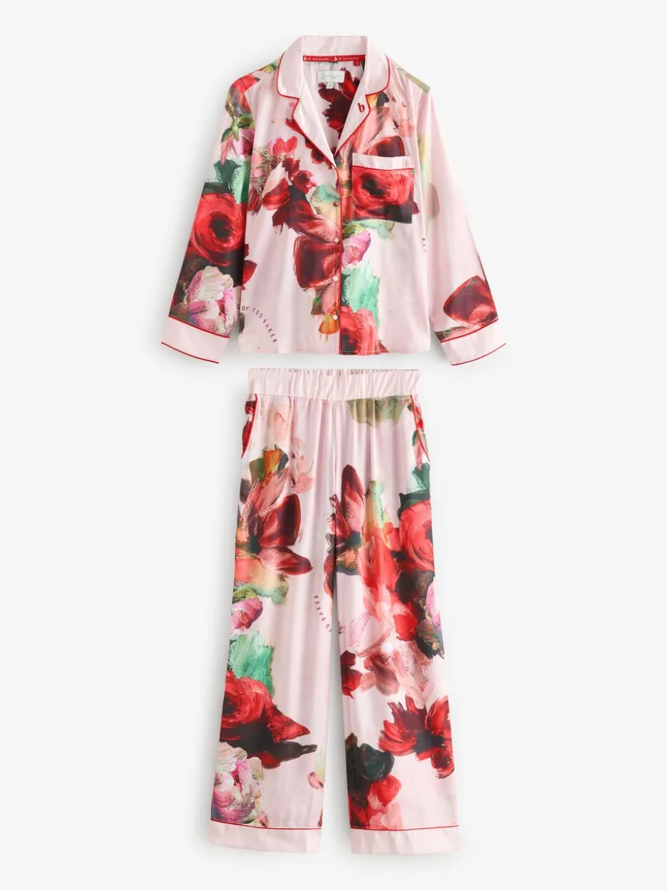 Roze rood gebloemd - B by Ted Baker - Satijnen pyjama met knopen