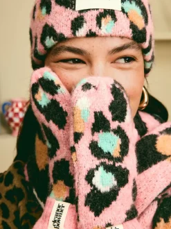Roze/blauw - Eleanor Bowmer geruite wanten met lippenmotief