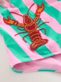Roze/groene strepen - Beaded Embellished Tummy Control Scoop Swimsuit