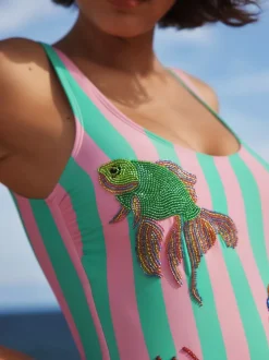Roze/groene strepen - Beaded Embellished Tummy Control Scoop Swimsuit