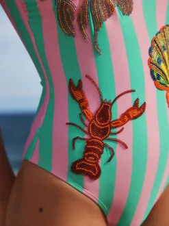 Roze/groene strepen - Beaded Embellished Tummy Control Scoop Swimsuit